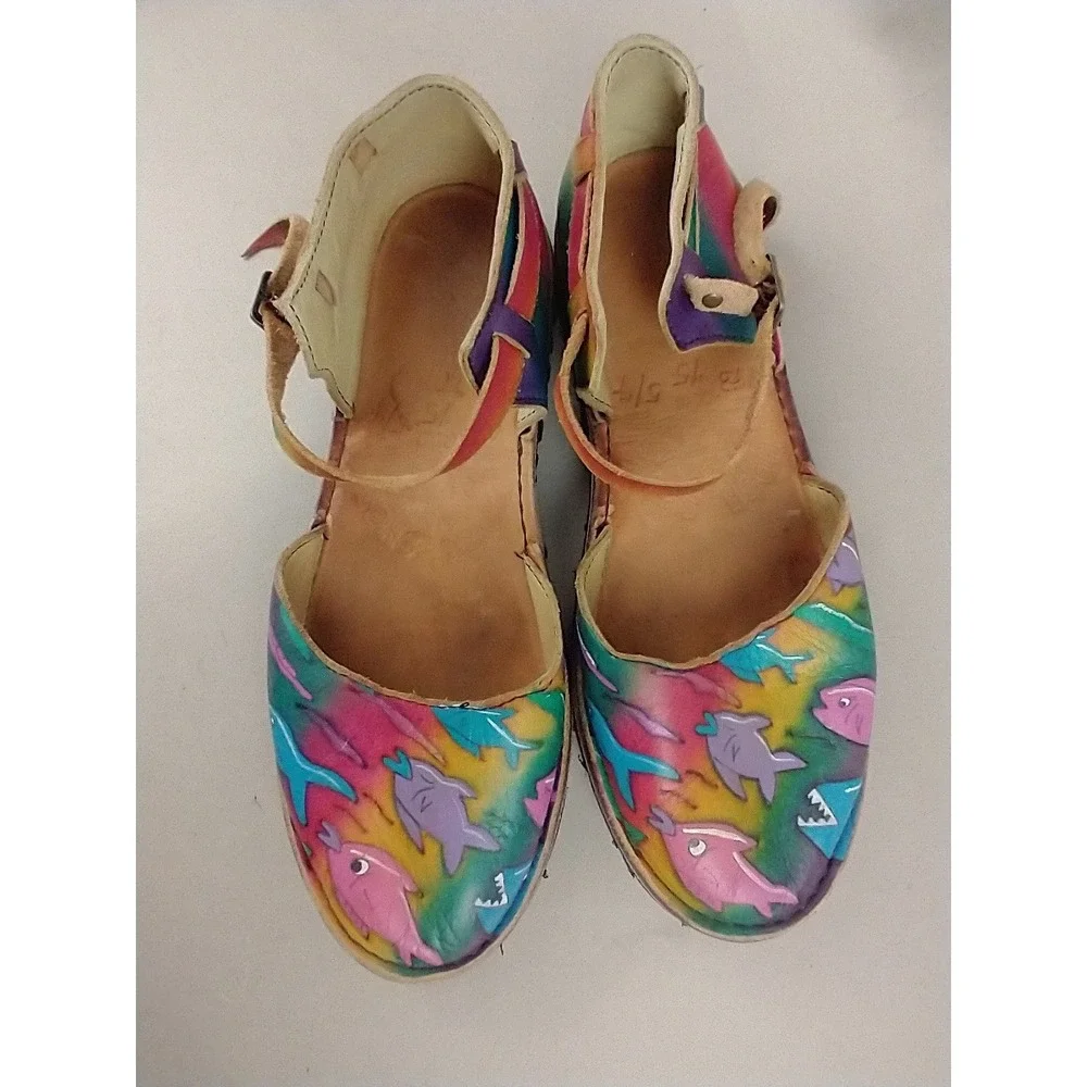 Those Shoes Hand Painted Leather Fish Shark‎ Mary Jane Flats Rainbow 7